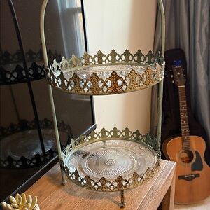 Vintage Two-Tier Metal and Glass Stand
